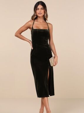 Lulus Gorgeous Composure Olive Velvet Lace-up Sleeveless Midi Dress Green